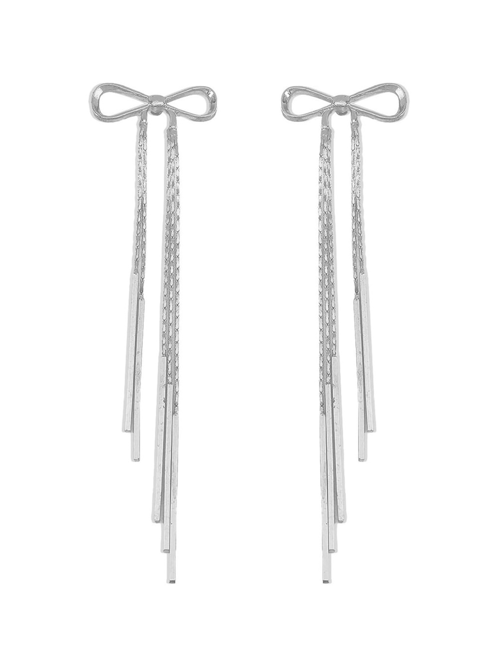 Silver Bow Threader Earrings - Long Dangle